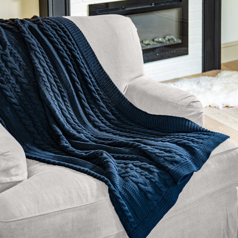 Organic Cotton Cable Knit Throw (Dark Navy)