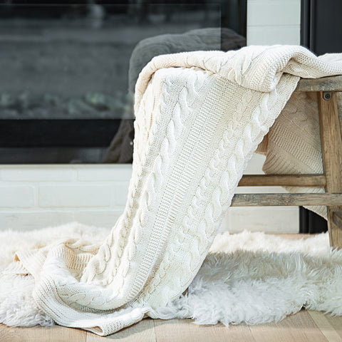 Organic Cotton Cable Knit Throw (Ivory)